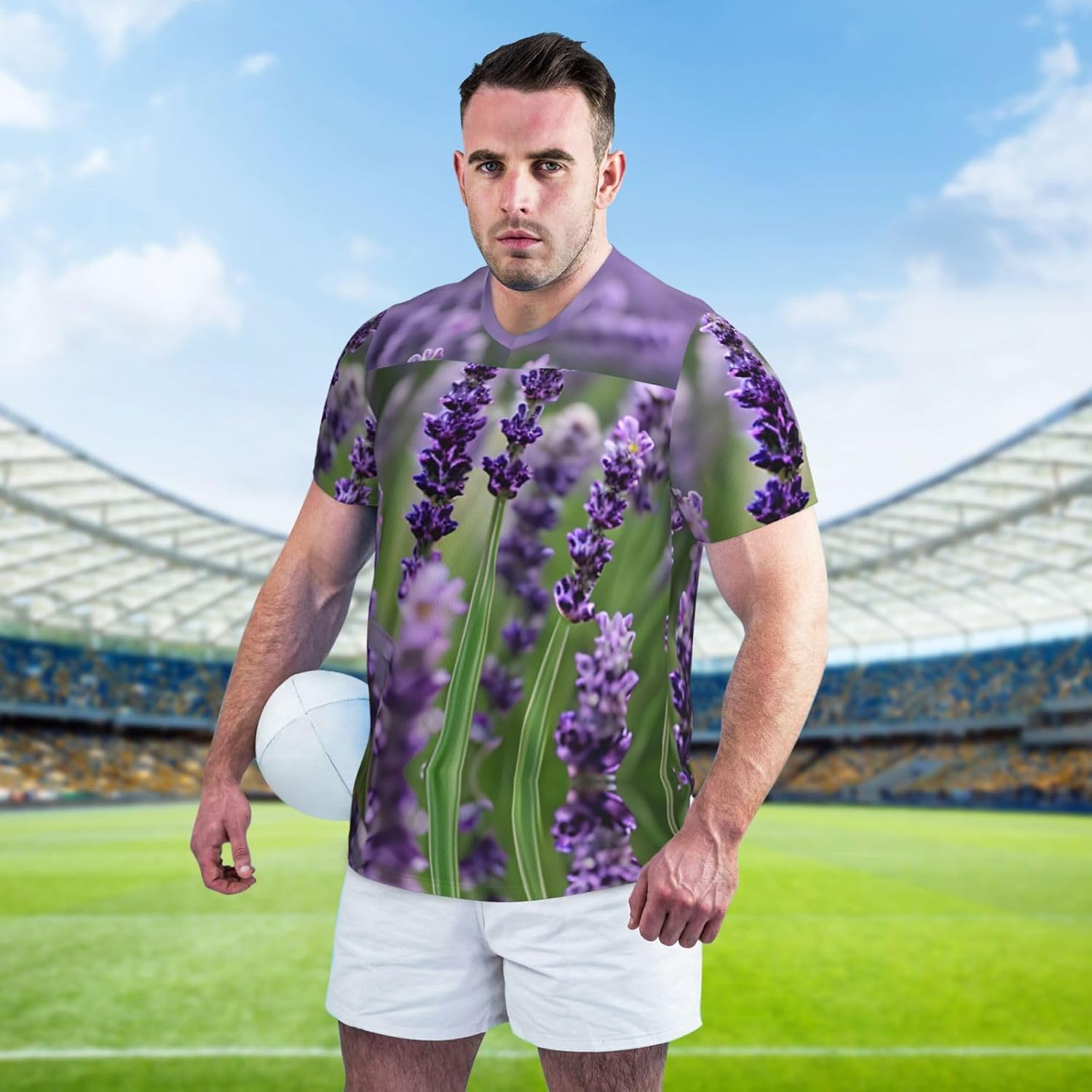 Purple Lavender Floral Flowers Rugby Football Jersey for Men, Comfortable V-Neck Loose Fit Top for Team Sports Athletics