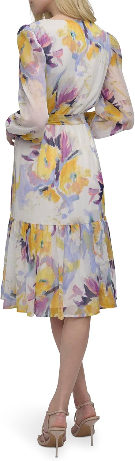 DKNY Womens Long Sleeve V-Neck Tie Waist Midi Dress - Image 4