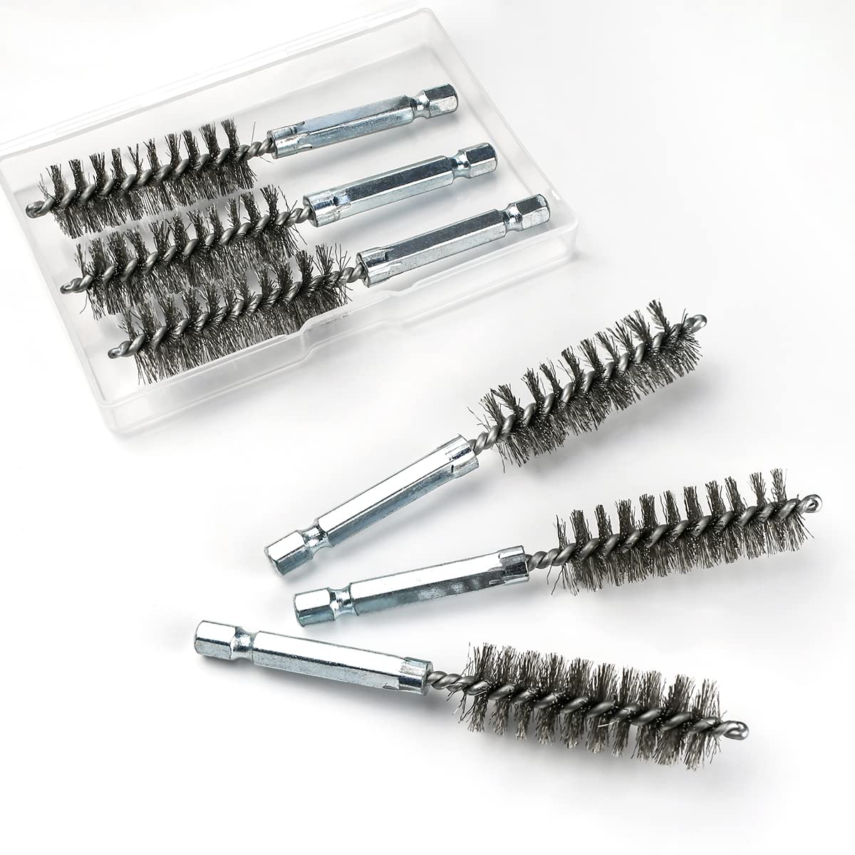 6 Pcs Stainless Steel Bore Brush with 1/4" Hex Shank, Bristles Wire Brush Bore Cleaning Brush Set for Tubes Ports Bearings Cleaning and Power Drill Impact Driver