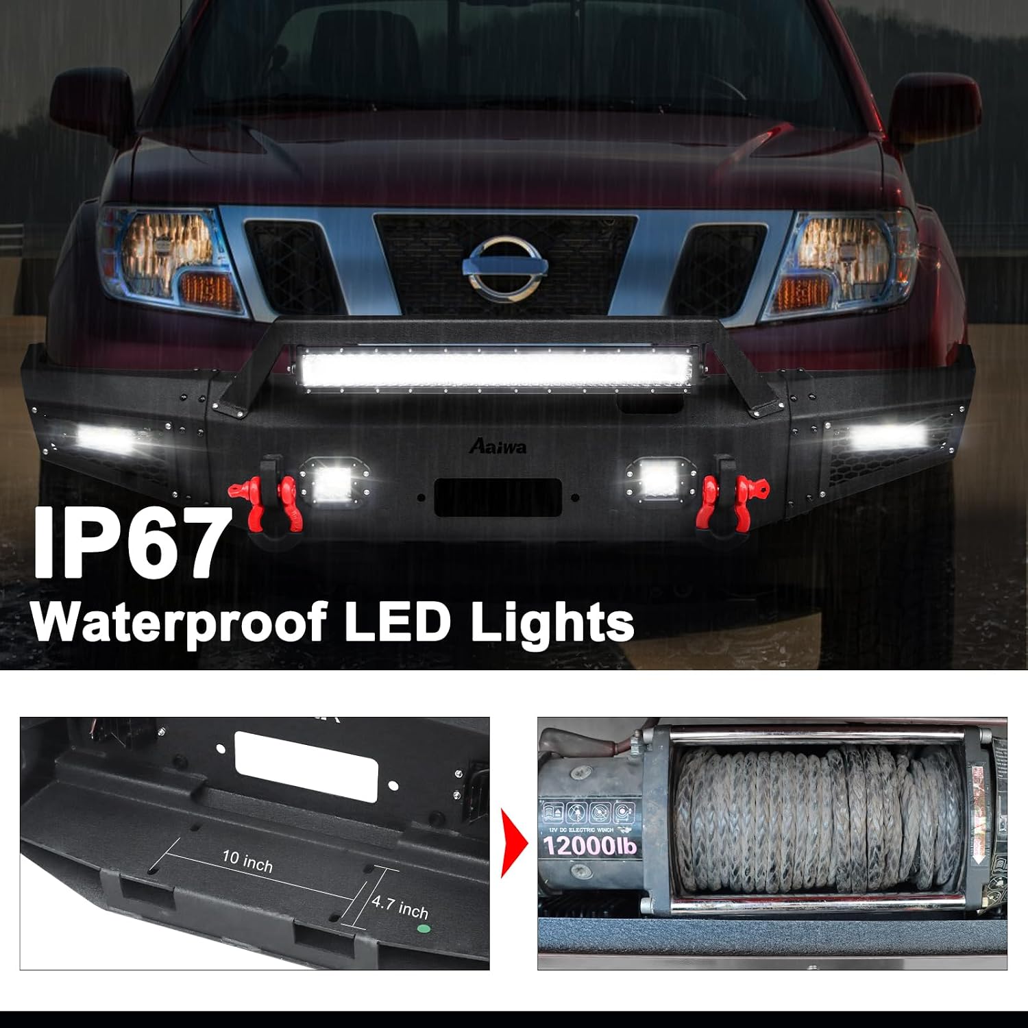 Front Bumper heavy duty steel Compatible with 2005-2022 Nis-san Frontier w/Winch Plate&5 LED lights & 2PCS D-Rings & Sensor Holes(Black)