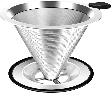 Pour Over Coffee Dripper, Stainless Steel Coffee Filter, Paperless Reusable Coffee Filter, Double Micromesh 600 Mesh Strainer Coffee Maker with Heat-Resistant Silicone Handle & Base 1-2 Cups