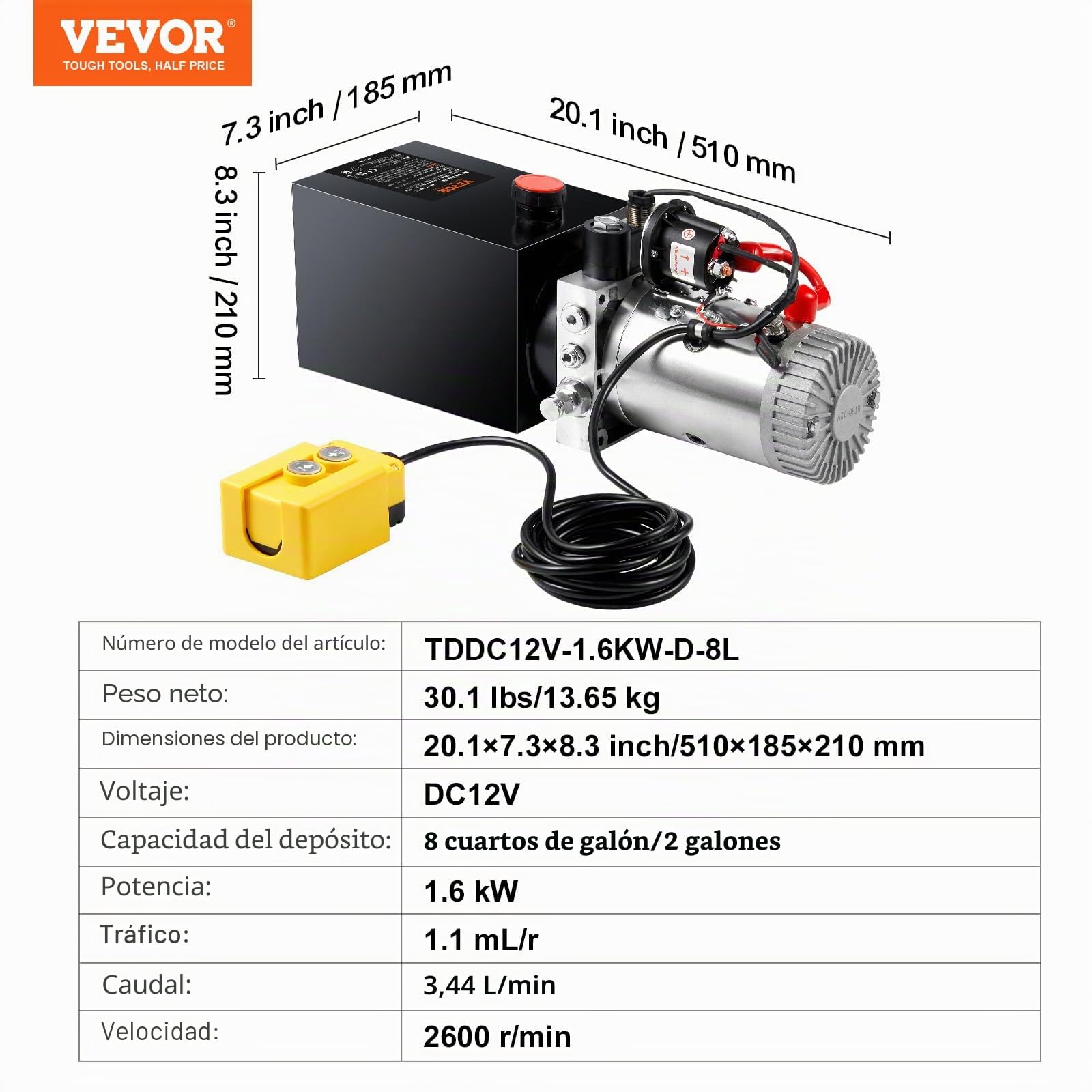VEVOR Bomba Hidráulica DC 12 V 8 L Unidad Hidráulica de Acción Única Flujo de Aceite 3,44 L/min Presión Máxima de Descarga 22 MPa para Volquete, Plataforma Elevadora, Remolque, Elevación y Descarga