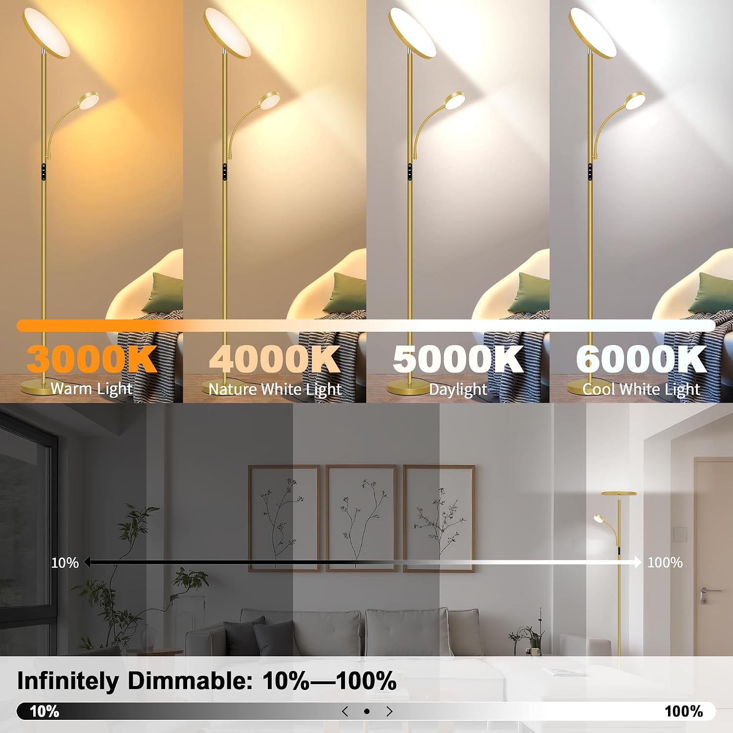 Floor Lamp-42W/4200LM Super Bright Floor Lamp,Dimmable 2-in-1 LED Floor Lamp for Bedroom,Torchiere Floor Lamps with Remote & Touch Control,69" Tall Standing Lamp for Living Room,Office,Reading,Gold image 4