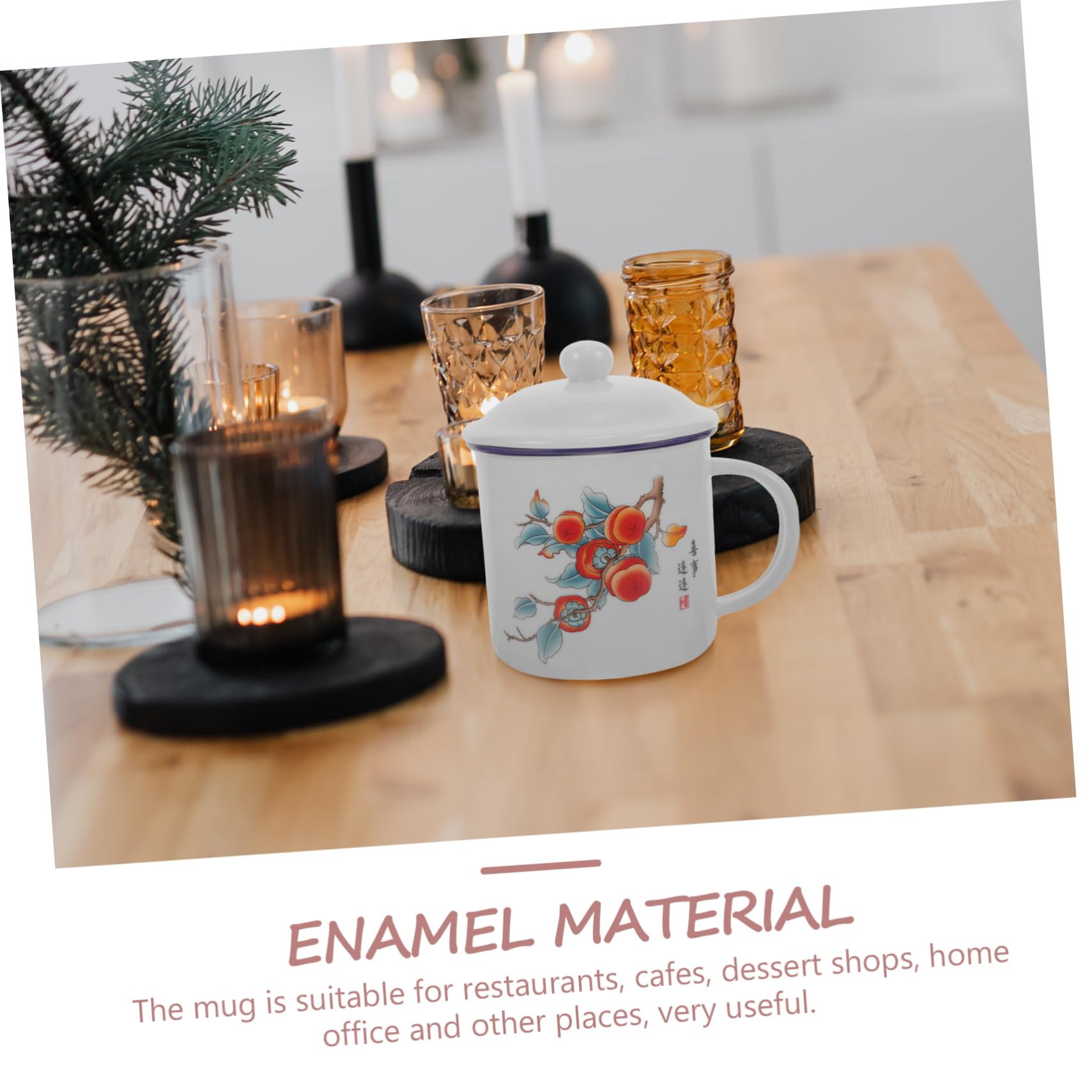 Abaodam Vintage Emaille Trinkbecher mit Deckel, Tragbarer Wasserbecher | Chinesischer Stil, für Café und Outdoor Einsatz, Geeignet für Verschiedene Getränke