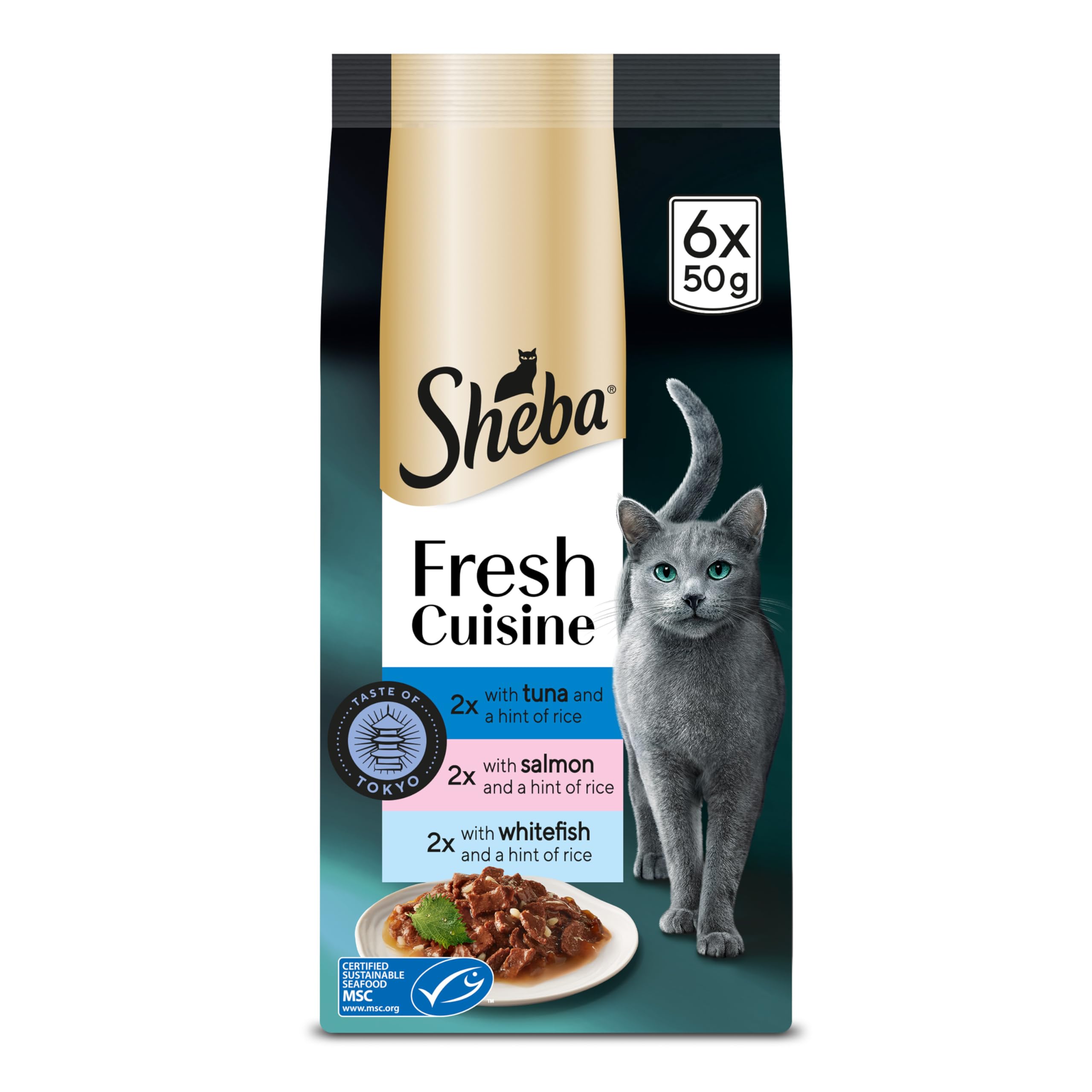 SHEBA Fresh Cuisine Taste of Tokyo Cat Pouches with Salmon and Tuna in Gravy 8x 6x50 g – Gourmet Wet Cat Food with Tuna and Salmon