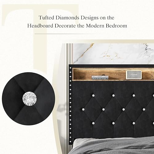 Miniatura 6 de HOMBCK Base de cama tamaño King con luces LED, base de cama LED con estación de carga y cabecero, plataforma tapizada de terciopelo negro, marco de