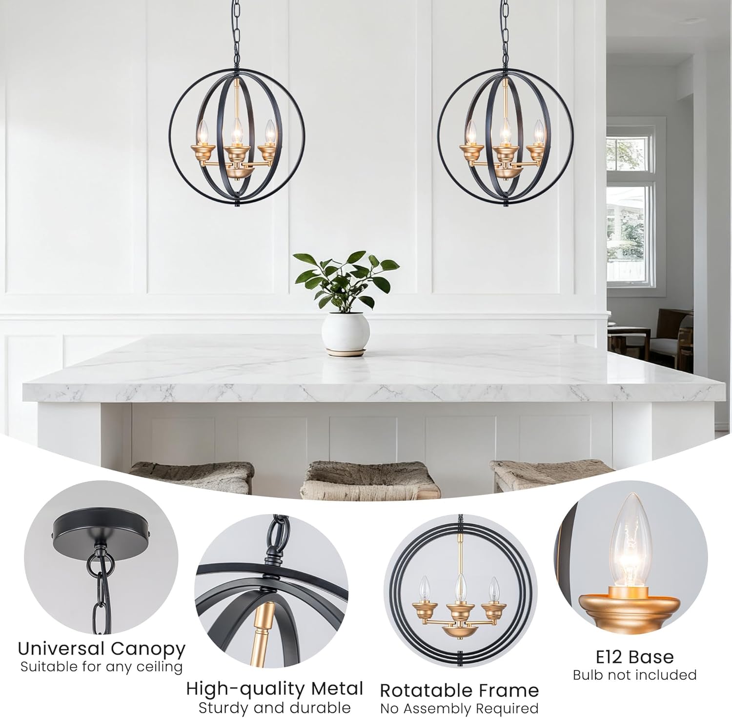 3-Light Farmhouse Globe Chandelier, Black and Gold Rotating Frame Adjustable Height Orb Pendant Light, E12 Base Industrial Hanging Ceiling Light for Dining Room Kitchen Island Bedroom