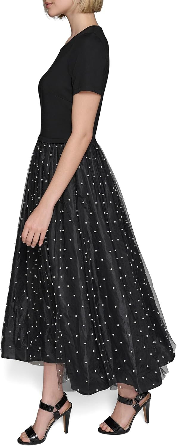 KARL LAGERFELD Womens Pearl Mesh Short Sleeve Round Neck Midi Dress - Image 3