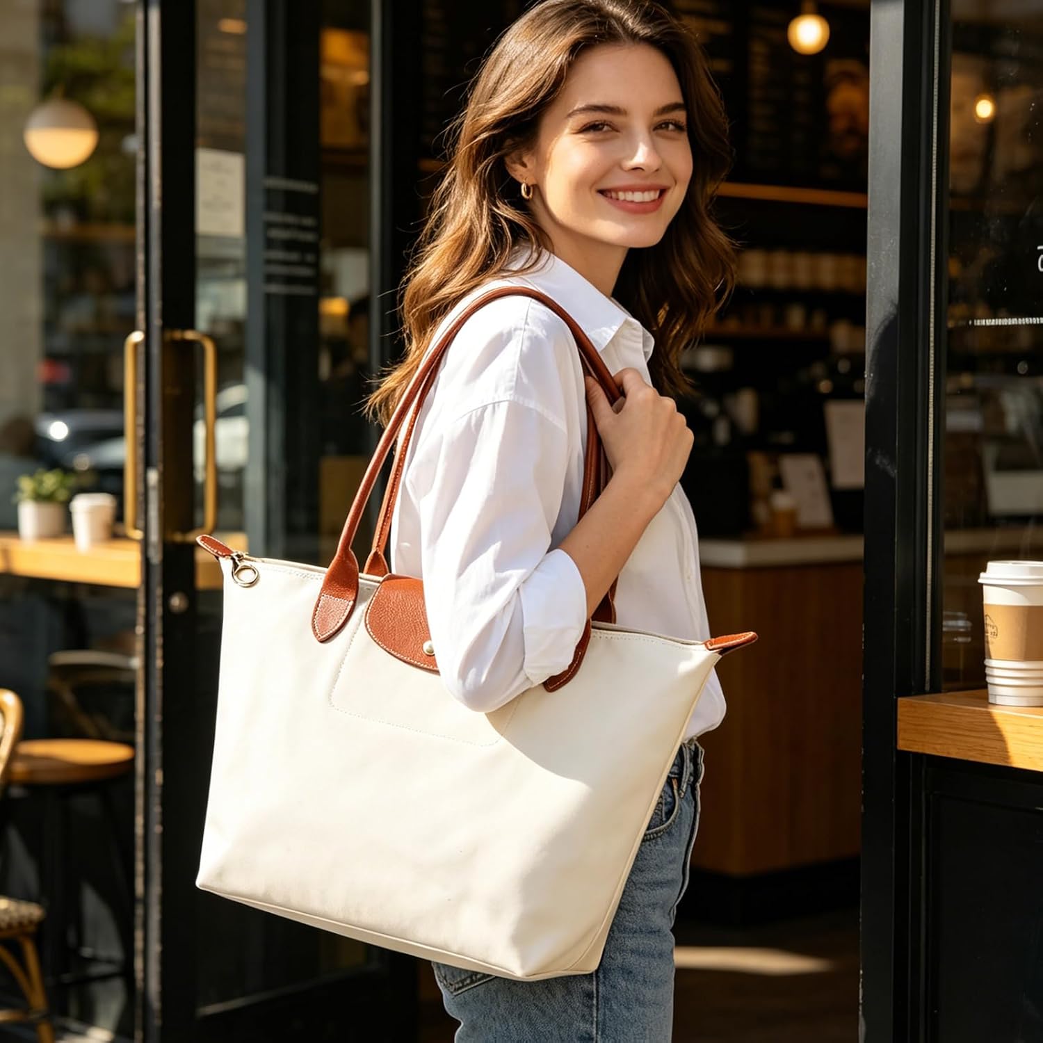 Tote Bag for Women Nylon Top-Handle Purse,Lightweight Large Capacity Shoulder Hobo HandBag with Zipper Leisure Foldable (Paper White, Large)