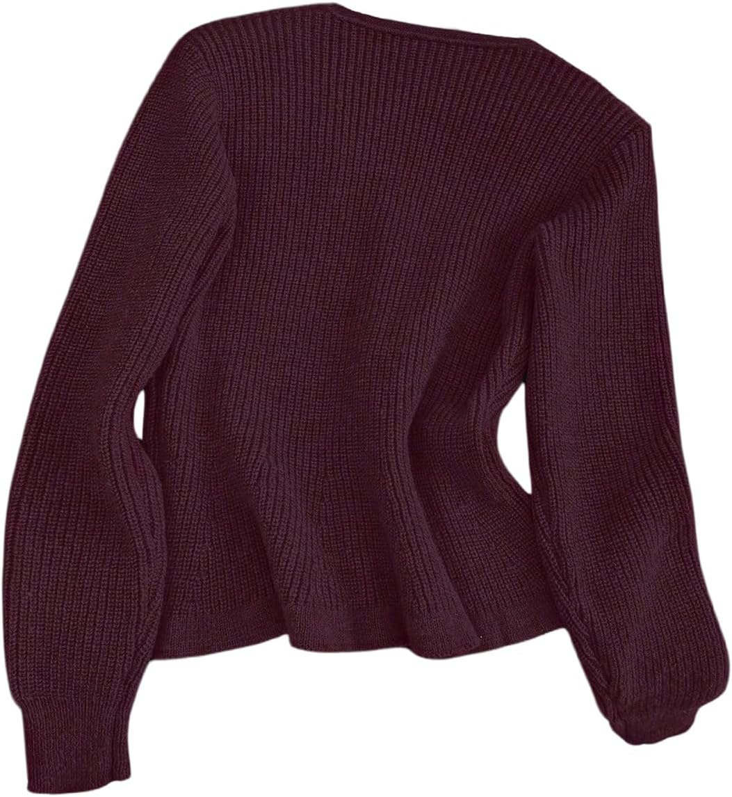 Verdusa Women's Dressy Casual Pearl Button Up Cardigan Peplum Sweater Ruffle Cinched Waist Knit Outerwear - Image 3