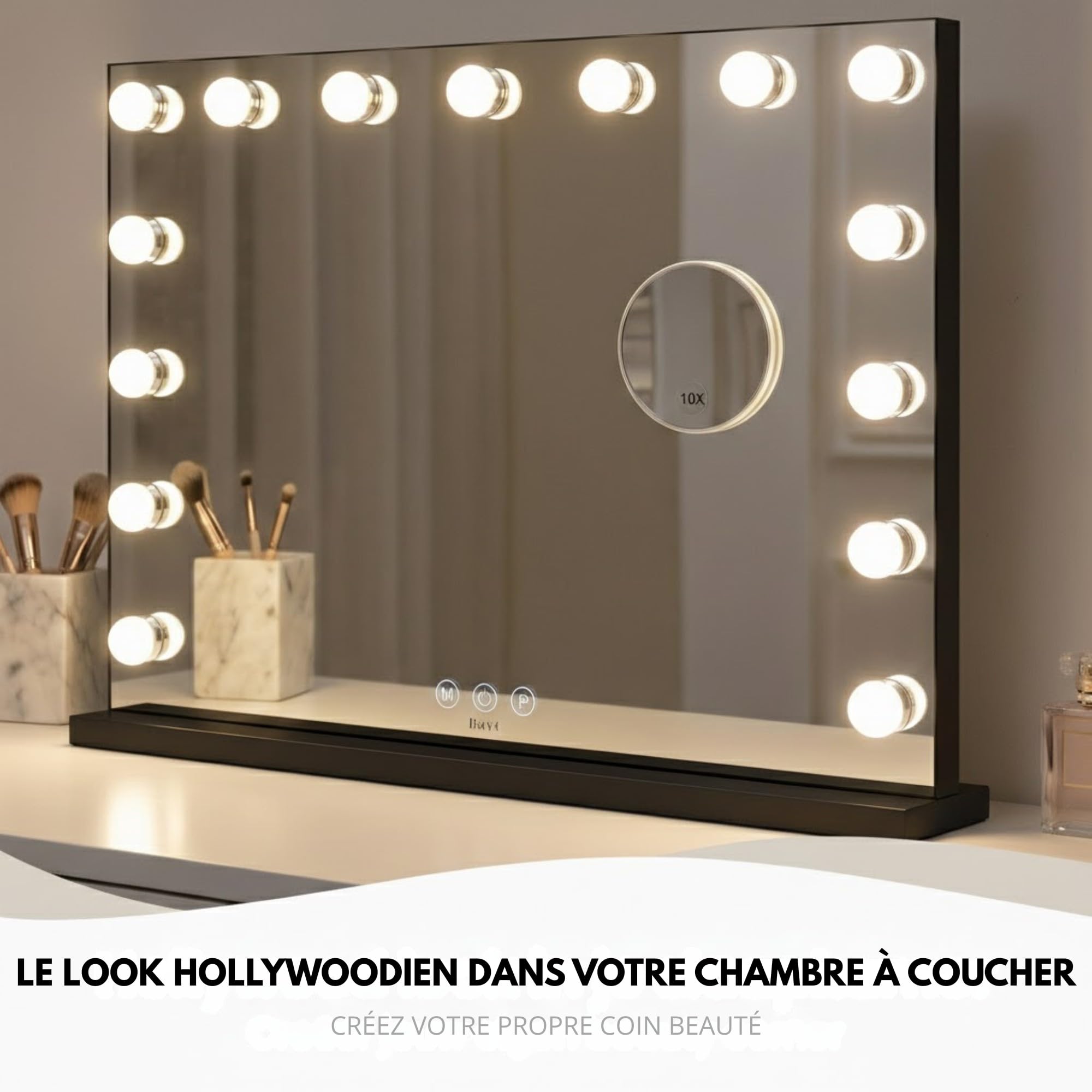 Bayt Miroir Maquillage Hollywood LED, 58 x 46 cm – Miroir Coiffeuse Lumineux avec 18 Ampoules Dimmables | 3 Couleurs de Lumière, Écran Tactile & Miroir Grossissant 10x, Noir