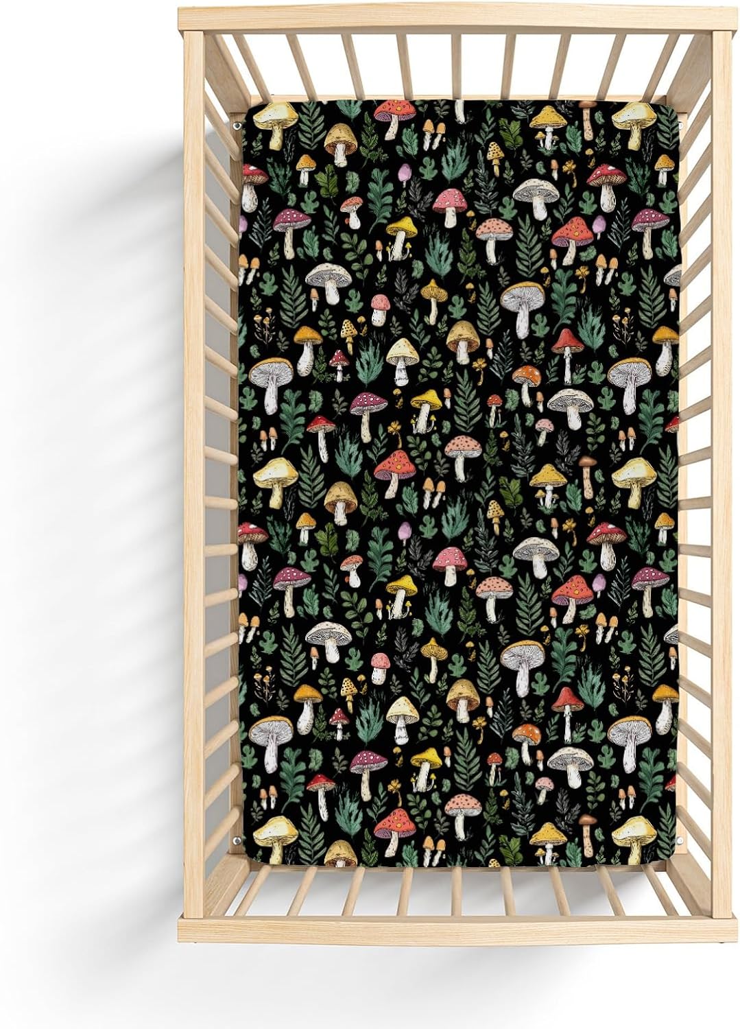 Colorful Mushrooms Green Leaves Baby Crib Sheets for Boy Girl 28"x52" Fall Mushroom Soft Stretchy Fitted Crib Mattress Cover Autumn Baby Sheet for Standard Crib & Toddler Mattress Pad