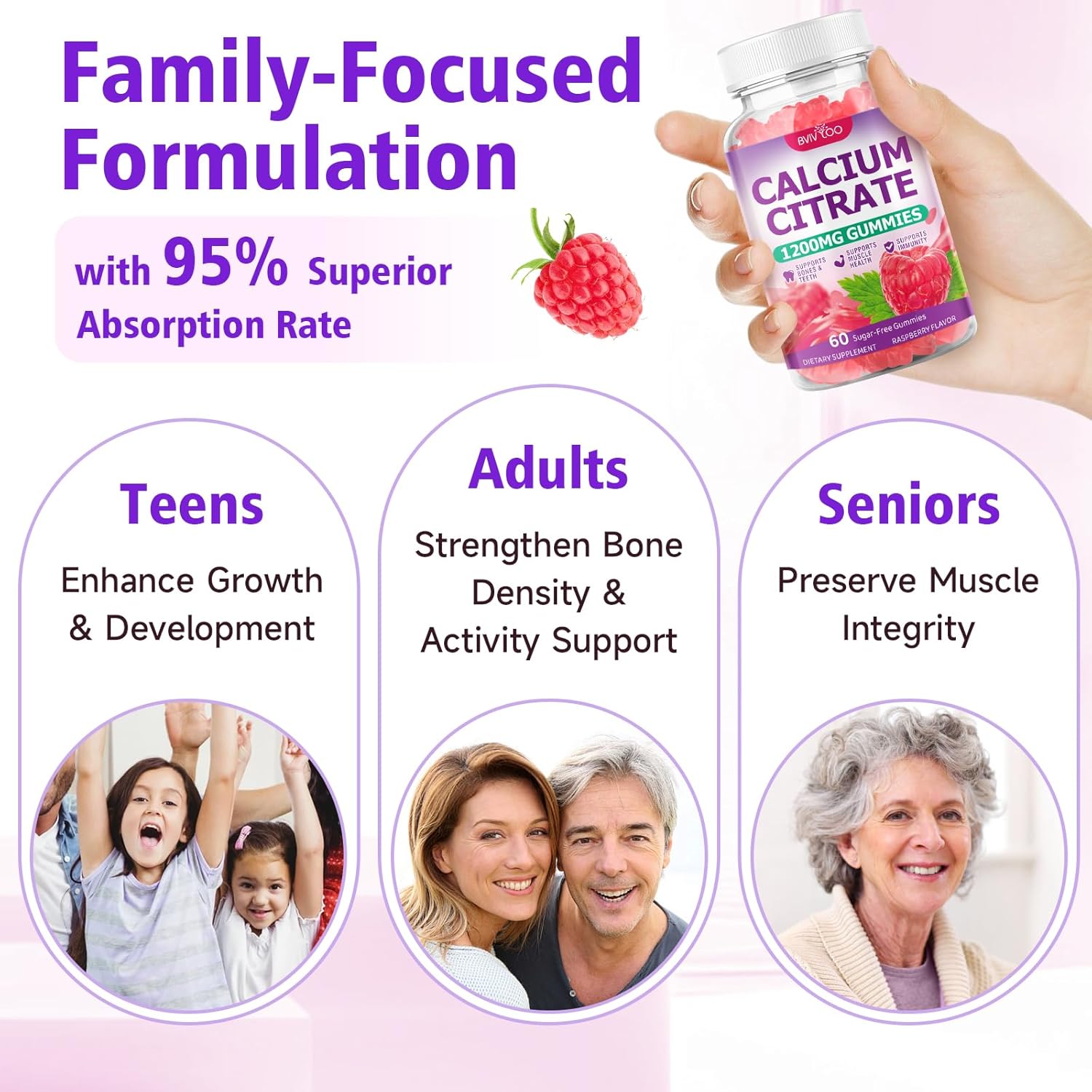 2 Packs High Absorption Calcium Citrate Gummies 1200mg - Bone & Teeth Support for Adults & Kids, Vegan, Non-GMO, Sugar-Free Gummies, Raspberry Flavor, 120 Count