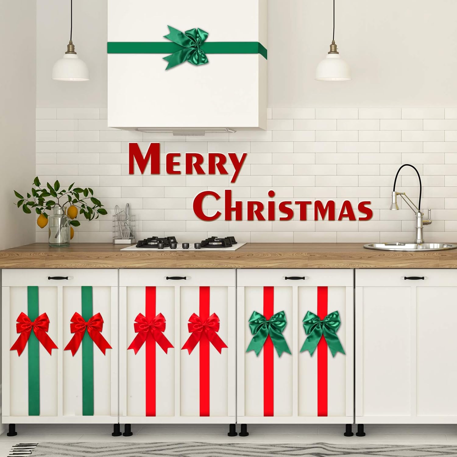 WILLBOND 8 Pieces Christmas Cabinet Ribbons Bows Red and Green Christmas Door Decoration Large Ribbon Cabinet Bows for Holiday Kitchen Accessories