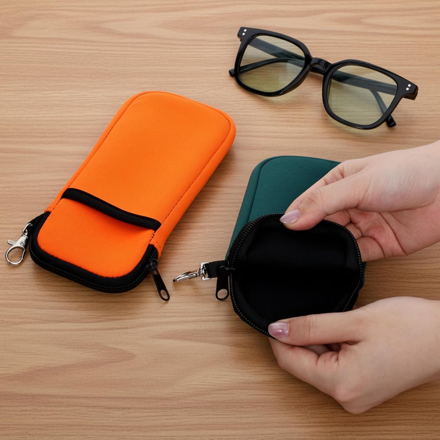 Soft Glasses Case, 2 Pcs Eyeglass Case with Carabiner Hook Lightweight Travel Eye Glass Cases Double Layer Soft Sunglass Cases Small Zipper Pouch (Orange + Green)
