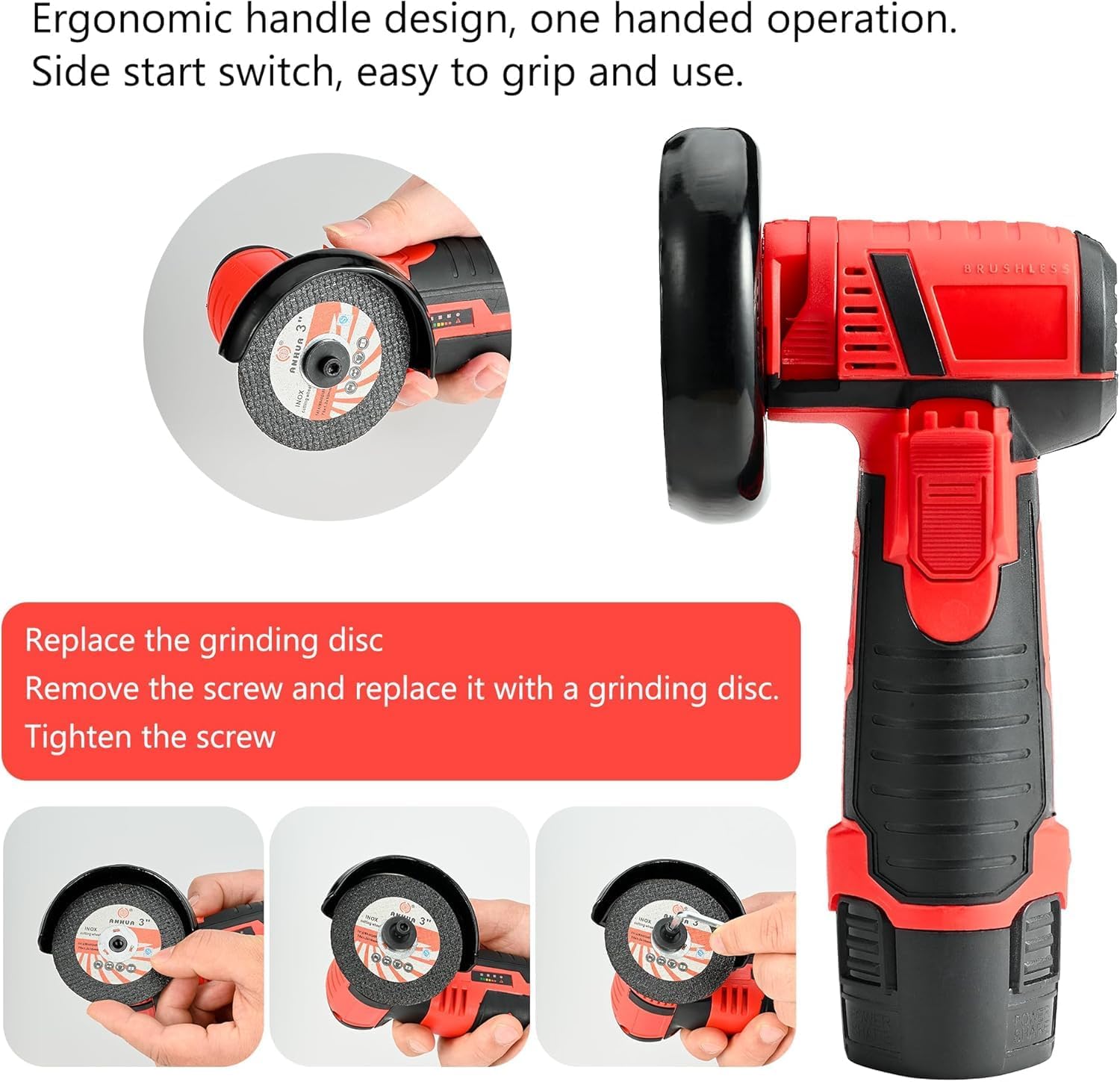 12V Mini Cordless Angle Grinder, 3-Inch Compact Power Cut-Off Tool with Brushless Motor, 19500 RPM, 2Pcs 1.5Ah Batteries and 8Pcs Cutting Wheels for Metal Polishing, Wood Cutting, Red