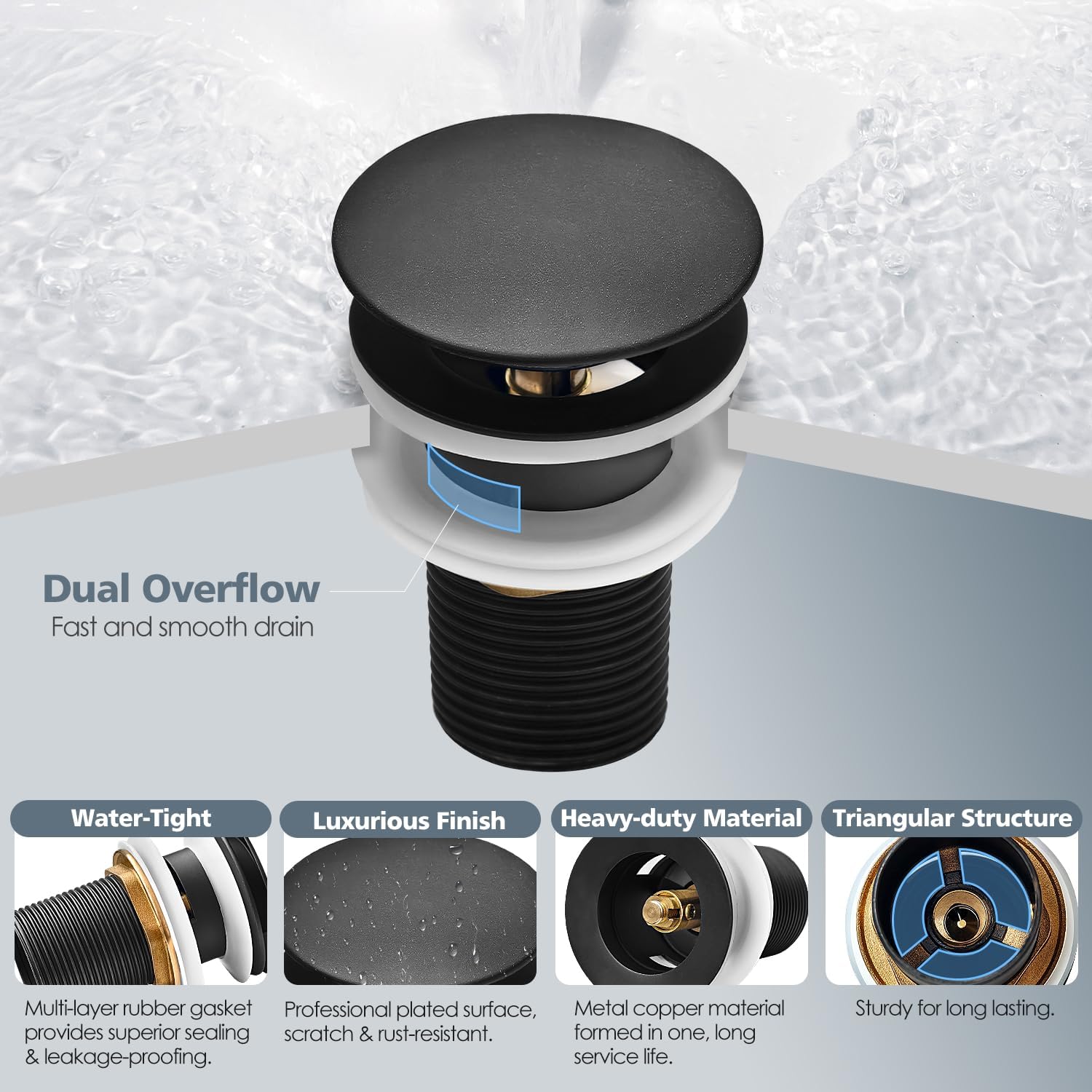 Brass Freestanding Tub Drain, Pop Up Freestanding Tub Drain Plug, Fits Most Freestanding Tub Drain Kits (Matte Black)