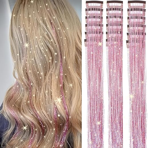 Hair Tinsel 18 Pcs Clip in Hair Tinsel Kit for Girls 22 Inch Glitter Fairy Tinsel Hair Extensions Colorful Heat Resistant Party Festival Accessories for Women Kids (Pink-18 Pcs)