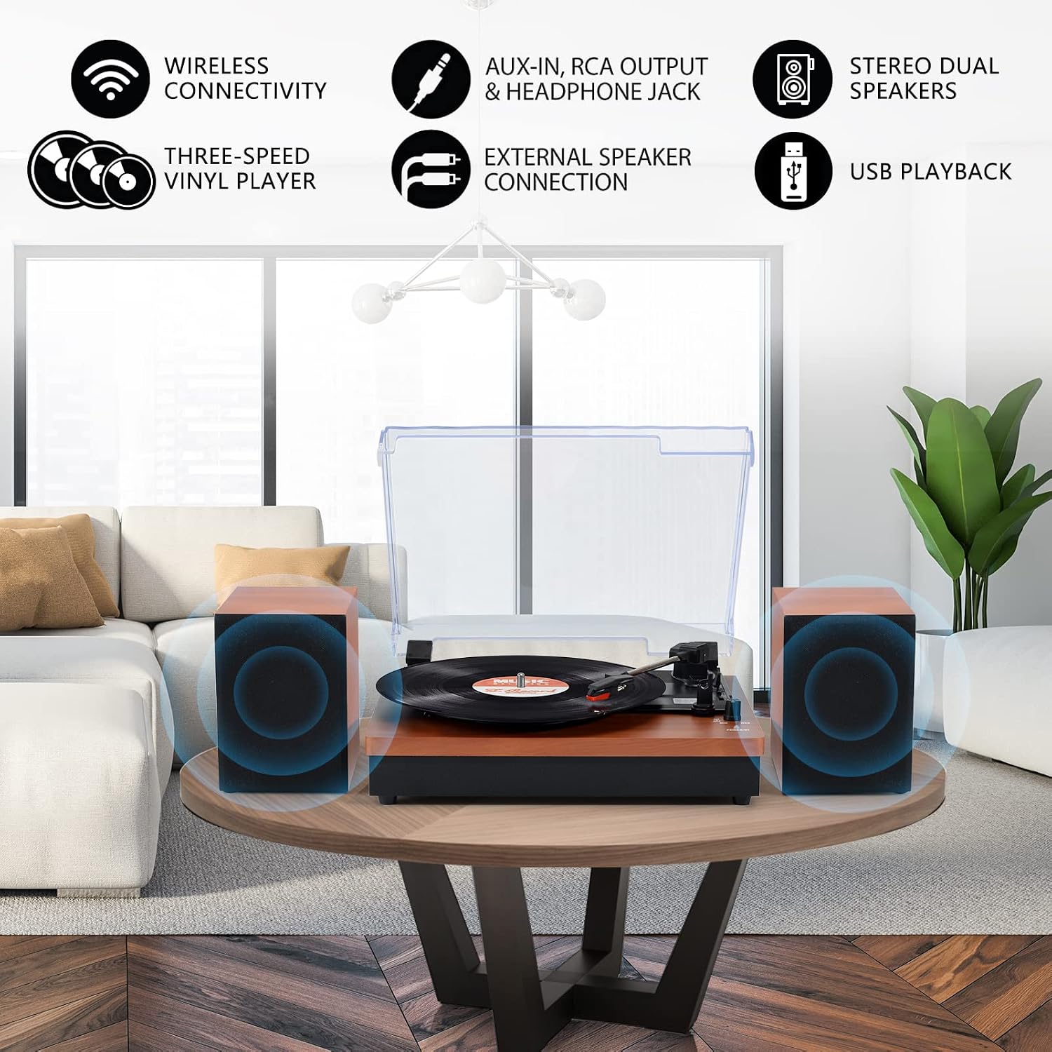 Turntable with Speakers Vintage Record Player Belt-Drive 3-Speed Record Players with Dual Stereo Bookshelf Speakers, Vinyl Player Turntables for Vinyl Record LP Phonograph Player Support USB Playback
