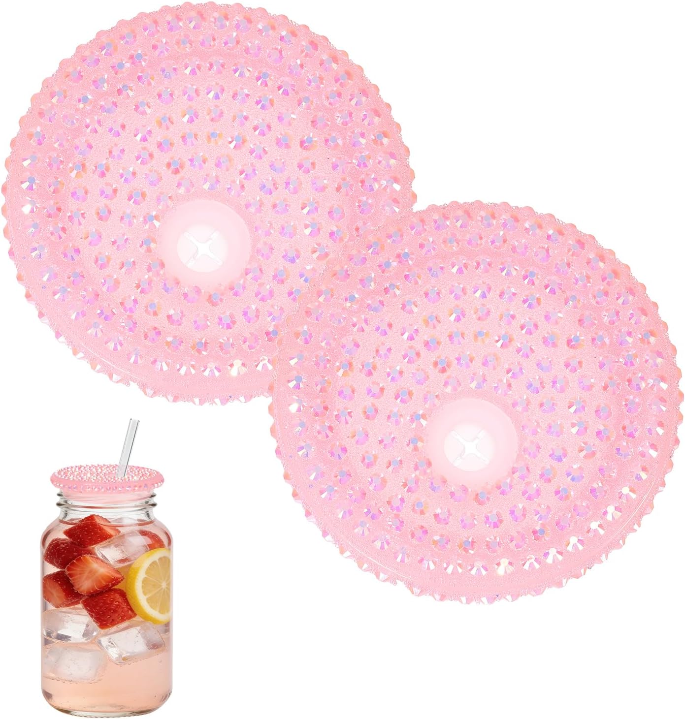 uxcell 2Pcs Acrylic Lids for 16 oz Glass, Reusable Plastic Tumbler Replacement Lids Rhinestone Canning Caps with Hole for Beer Can Drinking Glasses Tumblers, Light Pink Iridescent