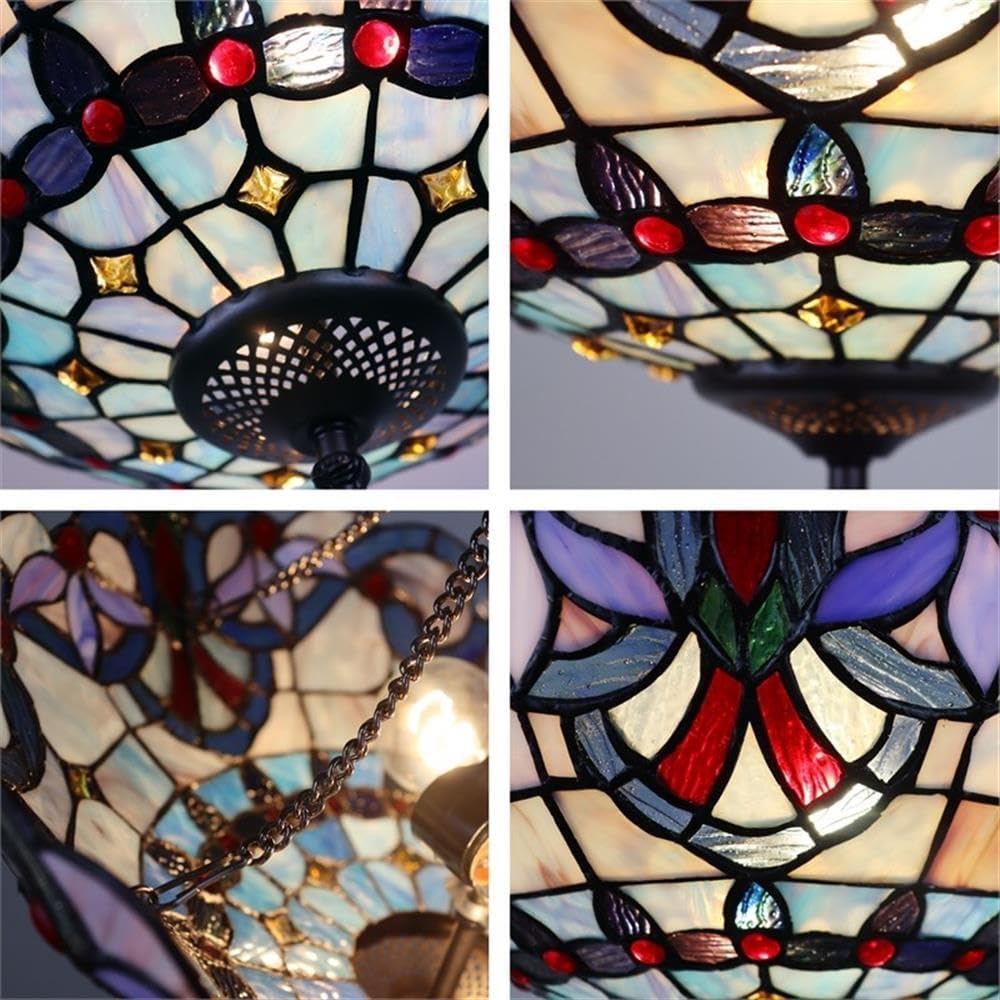 Pemberly Row Victorian 2-Light Glass Semi Flush Ceiling Light, 16 in Width, Stained Glass Shade with Dark Bronze Finish, Multi-Color, Uplight for Living Room, Dining Room or Foyer, Indoor Use