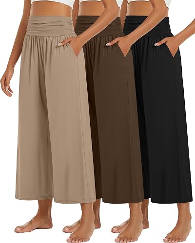 Huukeay 3 Pack Wide Leg Pants for Women, Lounge Yoga Pants High Waist Loose Casual Trouser Cropped Palazzo Capri with Pockets - Khaki, Brown, Black - Large