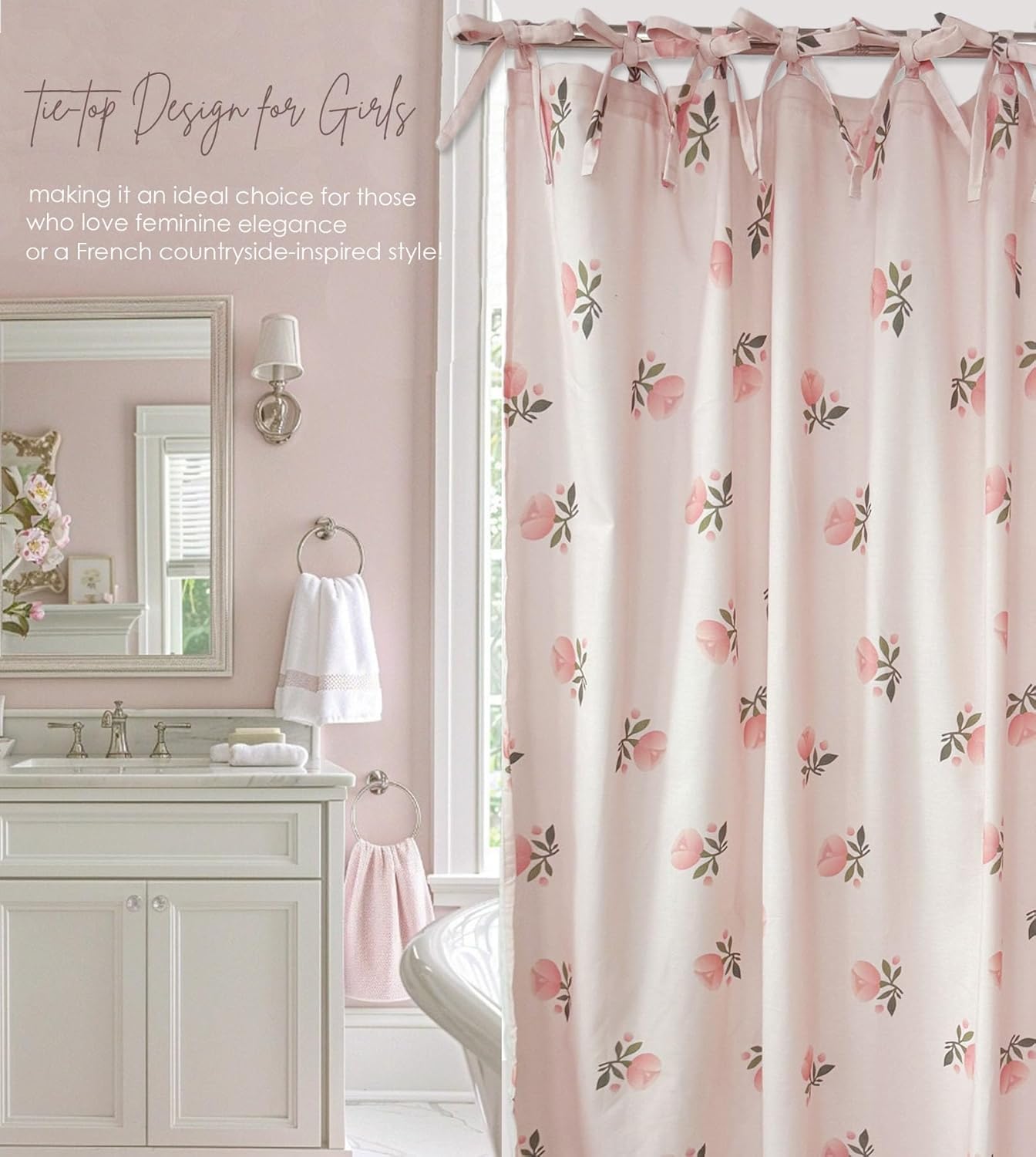 Girly Pink Floral Shower Curtain Hookless Flower Rose Shower Curtain Cotton Blend 72x72 Inches for Bathroom Bedroom