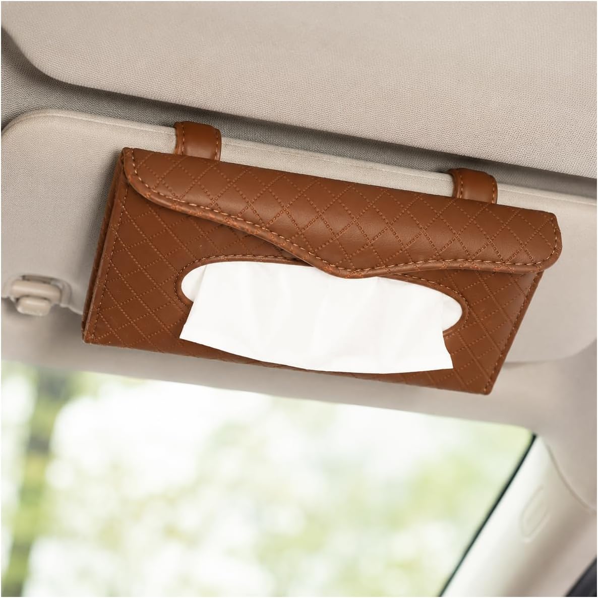 Car Tissue Holder, PU Leather Auto Sun Visor Paper Towels Case Mask Dispenser, Clip-On Sunvisor Hanging Napkin Holder Universal for Cars SUVs Trucks, Car Accessories (Brown)