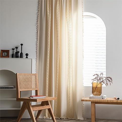 Miniatura 5 de Deeprove - Cortinas bohemias de 63 pulgadas de largo para dormitorio, rayas de lunares de punto hueco beige y patchwork de algodón y lino crema,