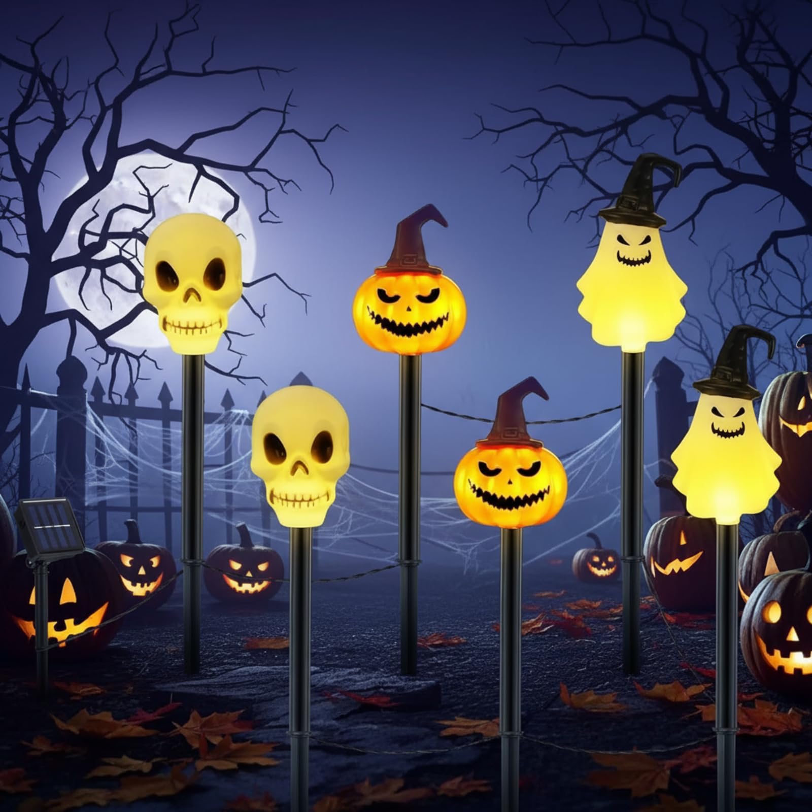 Glooglitter Lot de 6 décorations d'Halloween solaires sur piquet étanches pour jardin, terrasse, cour, allée, tombe, pelouse, porche, décoration de fête (crâne blanc)