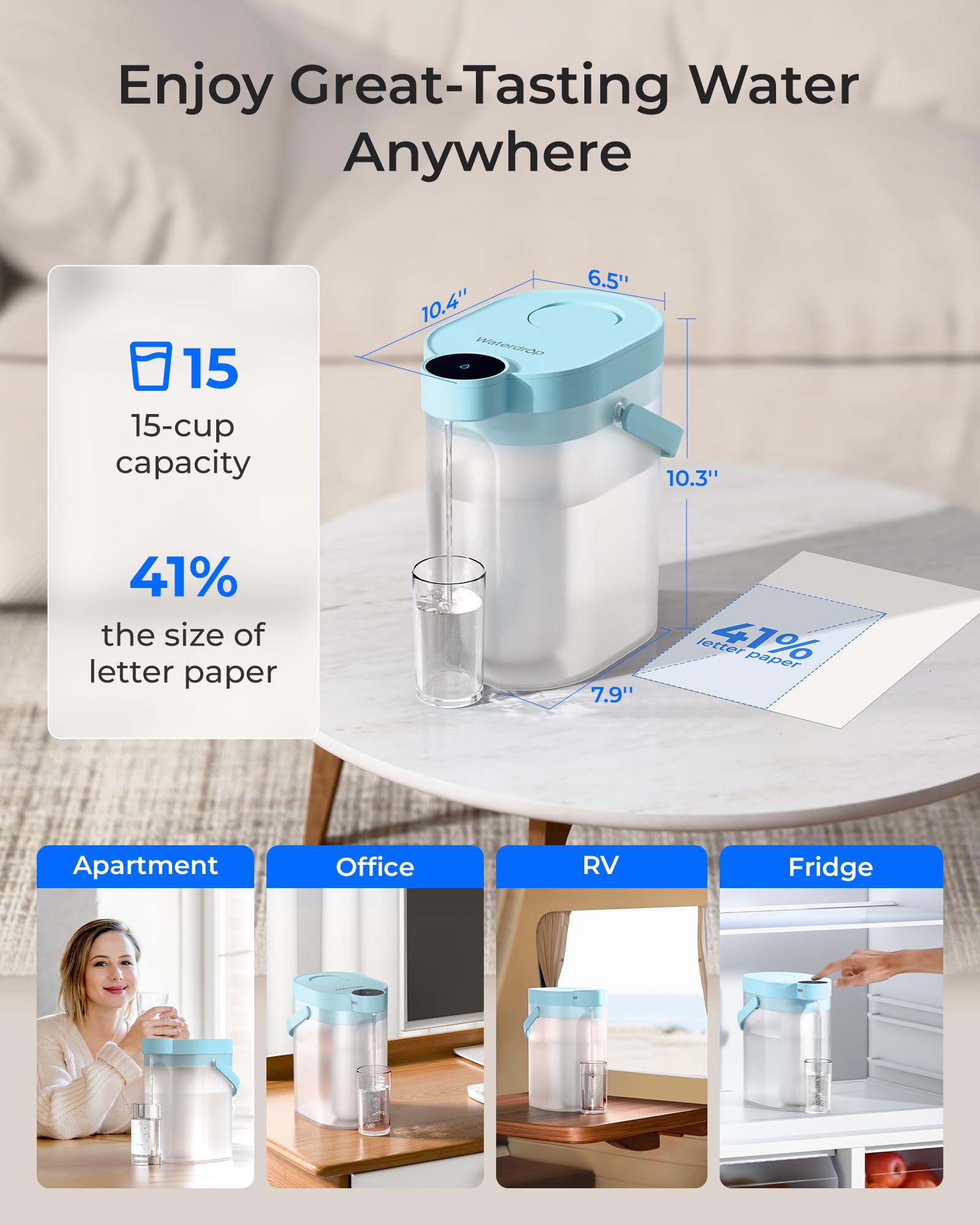Waterdrop 0 TDS Zero TDS dozownik filtra wody, z możliwością ponownego ładowania, 5-stopniowy, wydajny dzbanek elektryczny, redukuje chlor, ołów, niebieski