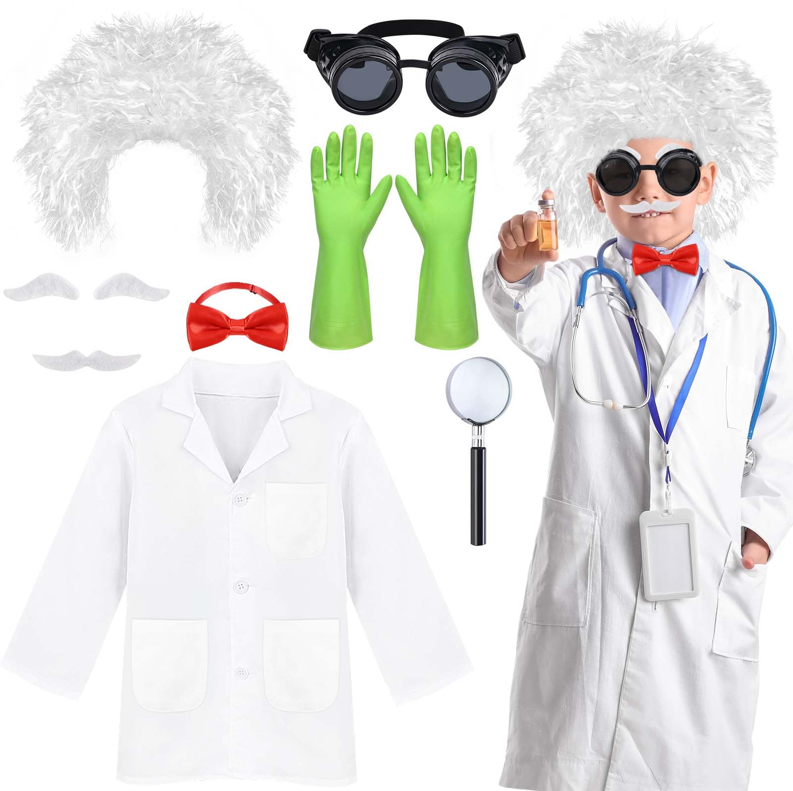 Kavoc7Pack Mad Scientist Costume Including White Lab Coat Green Gloves Red Bow Tie White Mustaches Wig