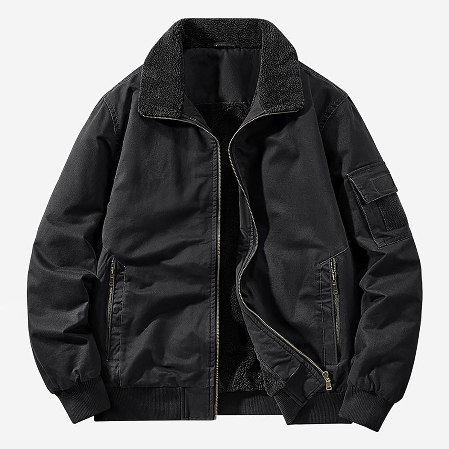 Men Winter Sherpa Coat with Pockets:Fashion Lightweight Fleece Stand Collar Bomber Jackets Hiking Outdoor Coats