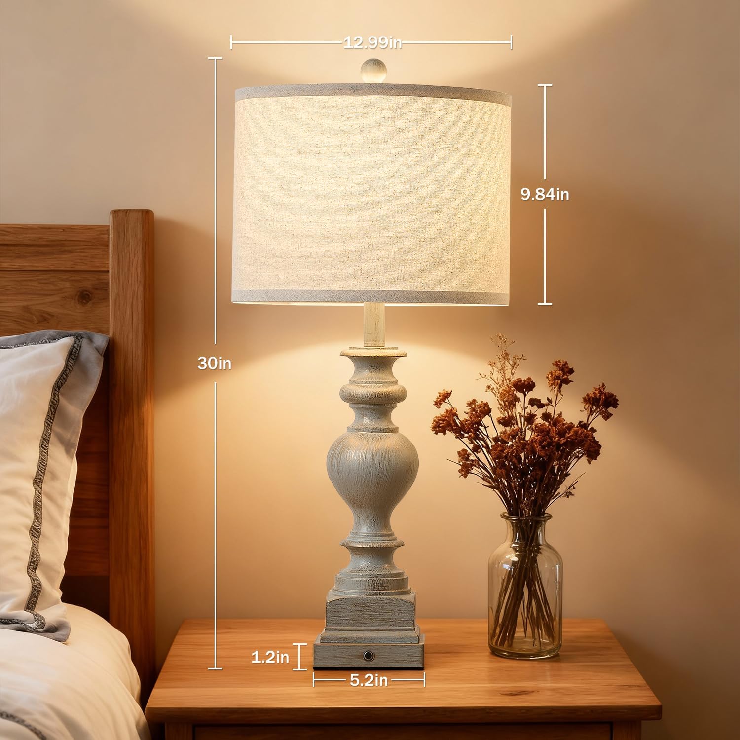 30“ Set of 2 Farmhouse Table Lamps with USB A+C & AC Outlet, Vintage Bedroom Touch Bedside Lamp Nightstand Traditional Side Table Lamp for Living Room Office