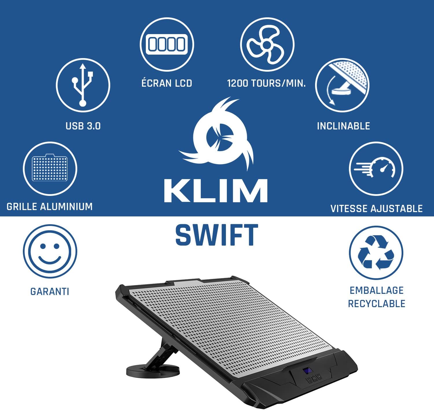 KLIM Swift Laptop Cooler High Performance in Aluminium for PC and Mac Cooling Pad Support - New 2022 Version - Black
