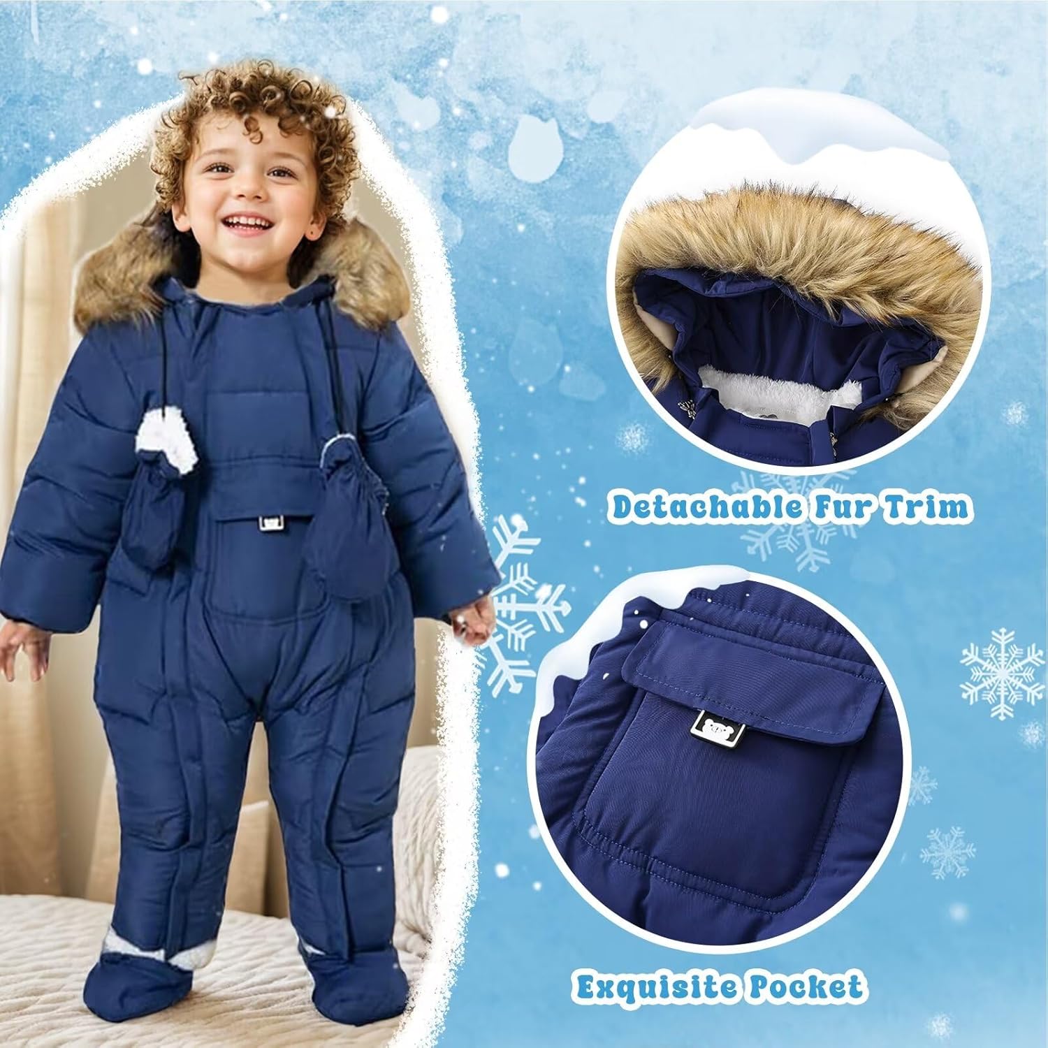Baby Snowsuit Toddler Winter Unisex Romper Infant Girls Boys Solid Hooded Jumpsuit with Gloves Footie Down Coat Jacket