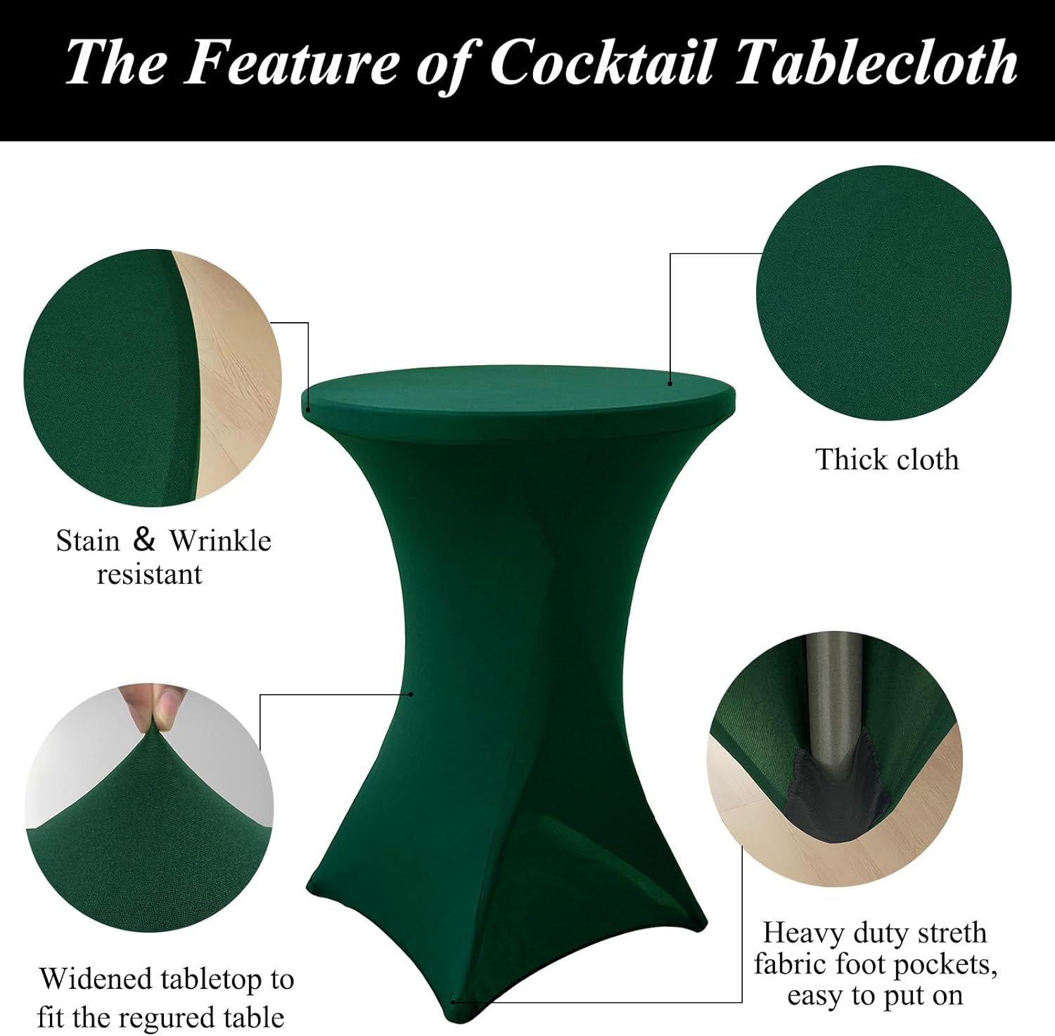4Pack Forest Green Cocktail Table Cover 32x43 Inch Fitted Stretch Cocktail Tablecloth for Round Table Top Cover High Top TableCloths for Party Bar Pub Wedding Banquet