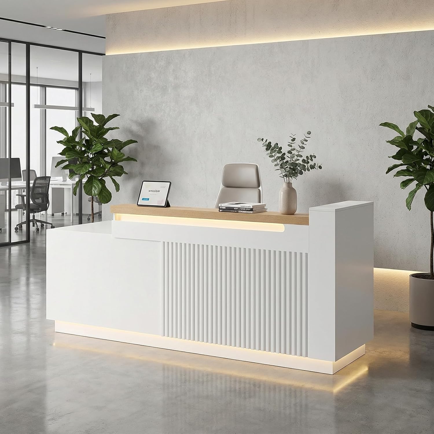 86.6" L-Shaped Reception Desk with LED Lights and Slatted Grille, Modern Front Desk with Built-in Outlets for Salon, Retail Store,Office,White Checkout Counter with Dimmable Switch,Reception Counter