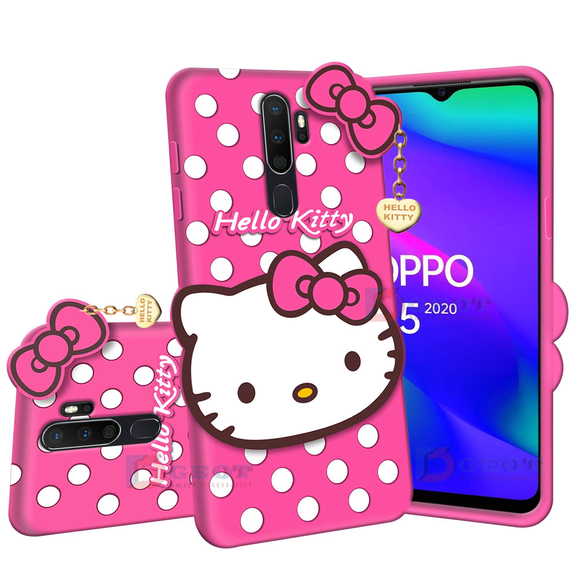 Dgeot® Hello Kitty Back Case Cover Compatible with Oppo A5-2020 - | 3D Cute Hello Kitty | Soft Silicone Rubber | Girls Favourite | with Pendant Compatible for Oppo A5-2020 -Pink