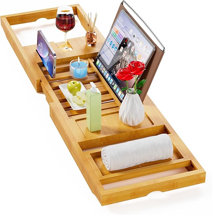 Amazon.com: Yirilan Bathtub Tray Caddy, Expandable Wooden Bathroom ...