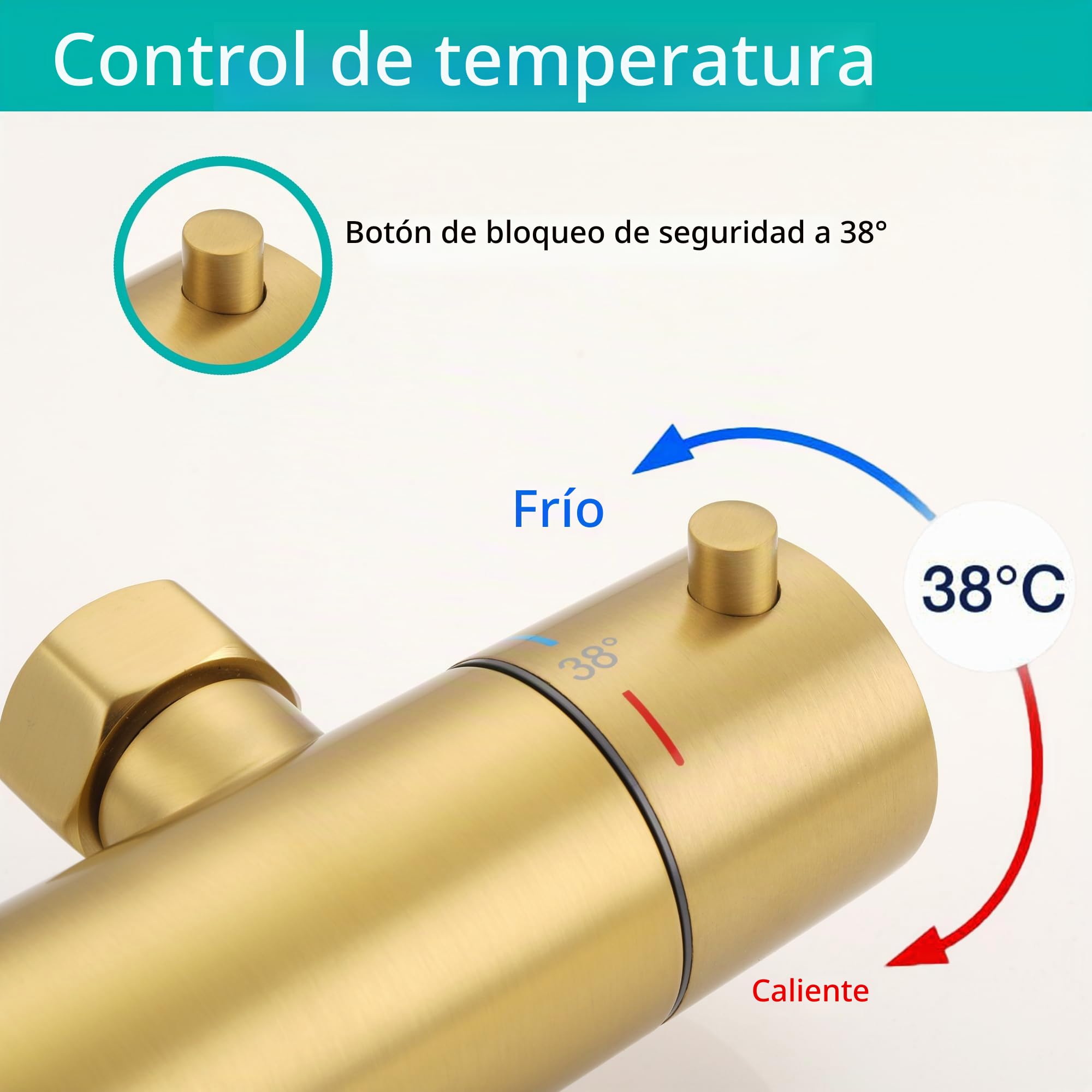 Grifo mezclador termostático dorado con botón de bloqueo de seguridad, barra mezcladora de ducha antiquemaduras de 38 °C, válvula mezcladora de ducha de control de temperatura montada en la