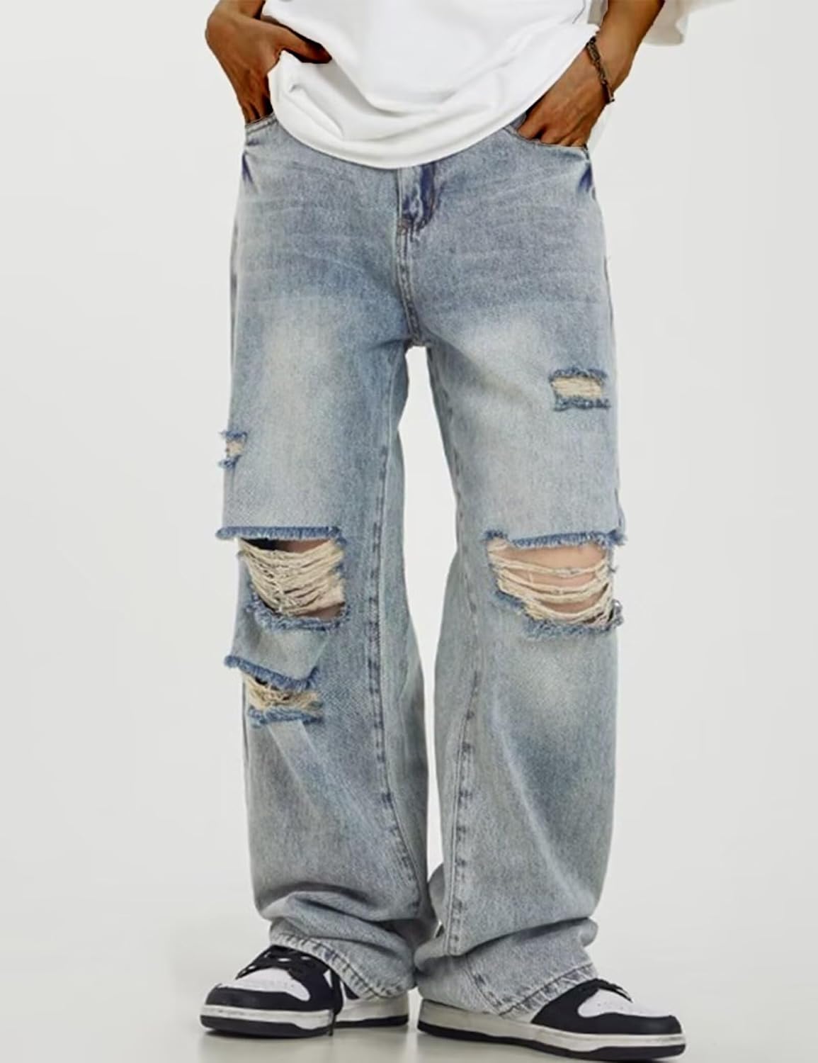 Men's Vintage Ripped Jeans Y2k Clothing Straight Leg Denim Pants Distressed Jeans for Men