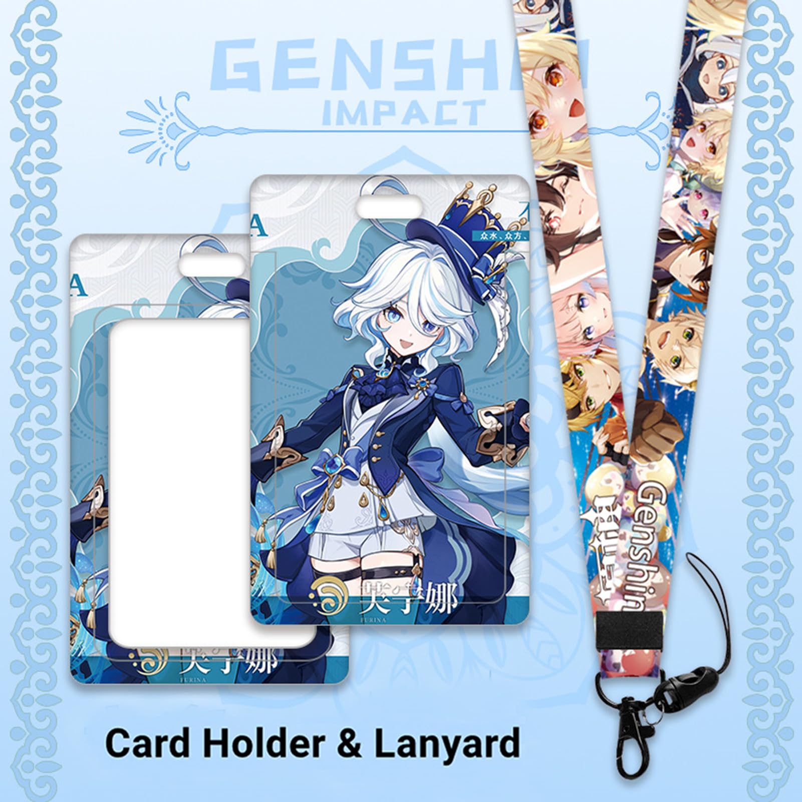 Genshin Impact Box Furina Merch Ensemble de marchandises – Poupée en peluche, affiche, tapis de souris, figurine de support, bracelet, badge, porte-clés, porte-cartes et 30 cartes Lomo, 50