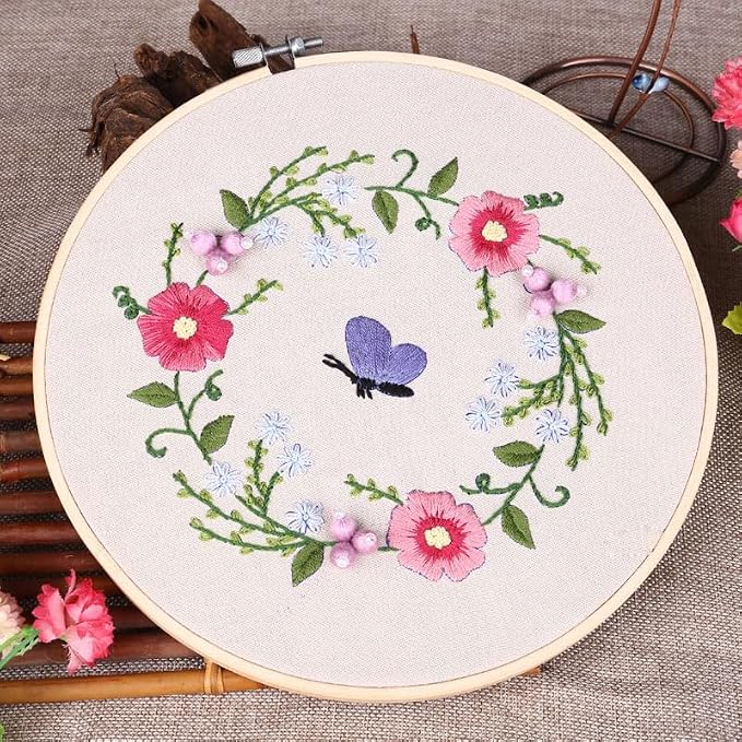 Embroidery Starter Kits with Floral Butterfly Pattern and Instructions, Plastic Embroidery Hoops,Threader,Color Threads and Needles,Embroidery Kit for Beginners