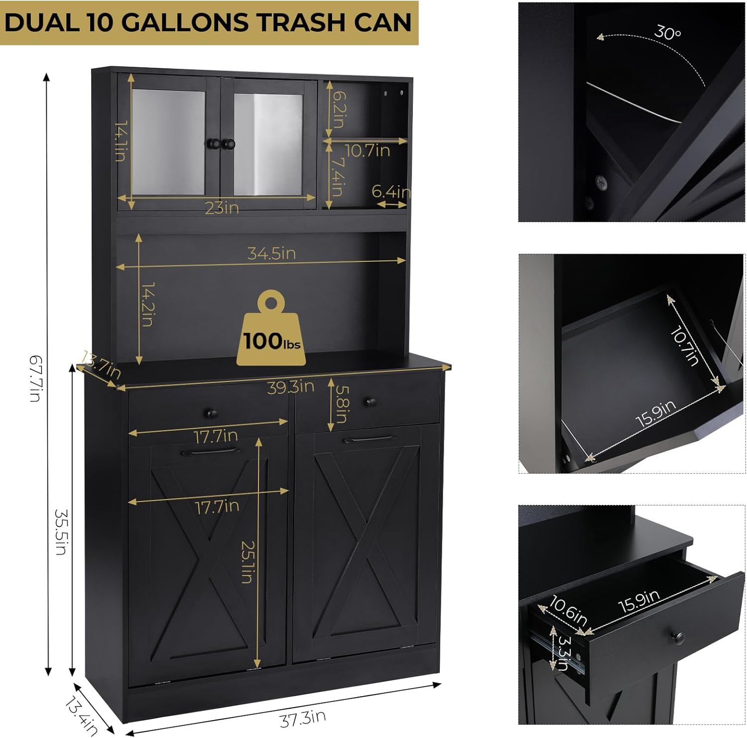 Arlopu Dual Tilt Out Trash&Storage Cabinet, Kitchen Sideboard Cupboard W/Pet Proof 10X2 Gal Hidden Garbage Holder, Freestand Laundry Sort Cabinet, W/Drawer, Shelves,Barn Door (Black)