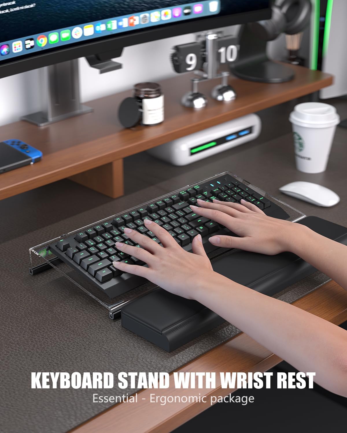 Computer Keyboard Stand With Wrist Rest & Storage Tray - Acrylic Riser for Office Desk Accessories Decor, Ergonomic Holder for Home Comfortable Typing - Fits