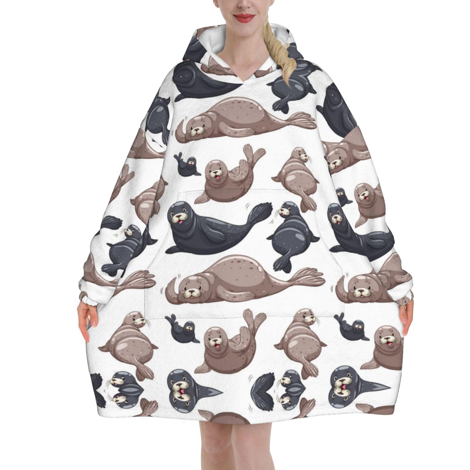 Seals Illustration Sea Lion,Women's Oversized Wearable Blanket Hoodie, Blanket Sweatshirt,Flannel Pullover Blanket