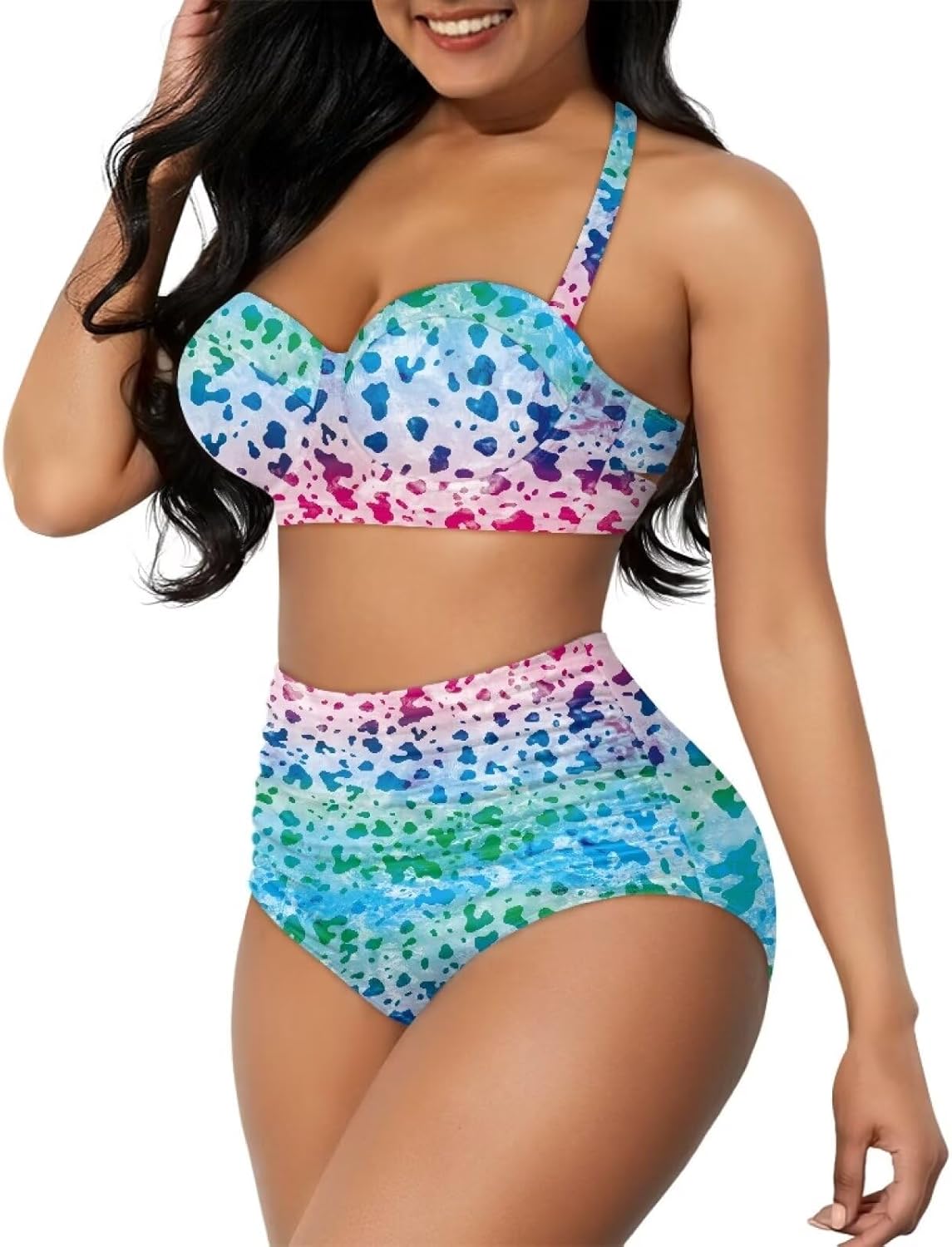 Suobstales Womens Halter Swimsuits with Bottoms Two Piece High Waisted Bikini Sets Tummy Control Bathing Suits Plus Size