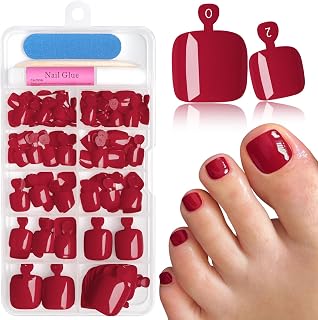 144pc Press on Toenails for Women Toe Nail Press ons Short Square with Glue&Jelly Glue, Red Fake Toe Nails Glue on Toe Nails, Full Cover Acrylic Artificial Toe Press on Nails