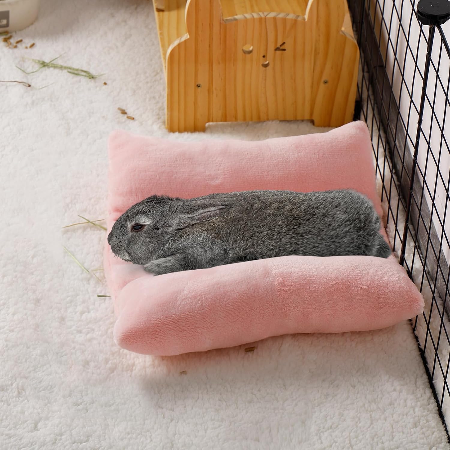 MEWTOGO 14" x 13" Bunny Bed for Rabbit Cage - Thickened Soft Prevent Sore Hocks Plush Mat with Cotton Lounger Pillows, Small Animal Flop Mat for Hutch Sleeping Indoor, Pink thumbnail